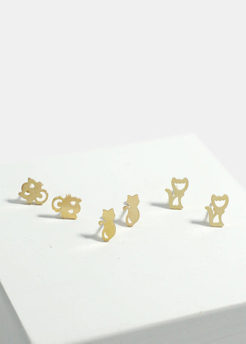3-Pair Cats Stud Earrings Set